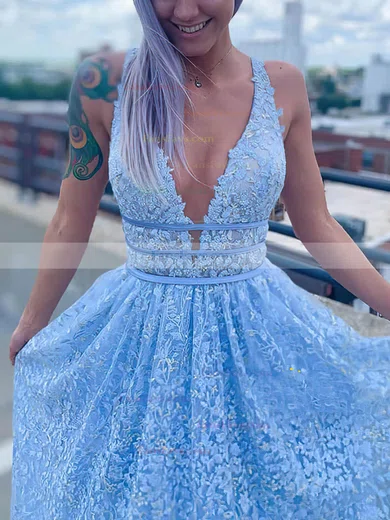 A-line V-neck Satin Lace Sweep Train Beading Prom Dresses #Favs020108645