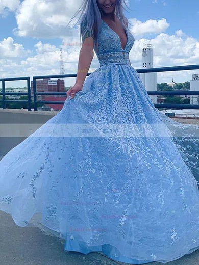 A-line V-neck Satin Lace Sweep Train Beading Prom Dresses #Favs020108645