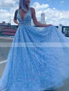 A-line V-neck Satin Lace Sweep Train Beading Prom Dresses #Favs020108645