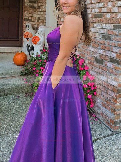 A-line V-neck Satin Sweep Train Pockets Prom Dresses #Favs020108646