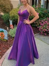 A-line V-neck Satin Sweep Train Pockets Prom Dresses #Favs020108646