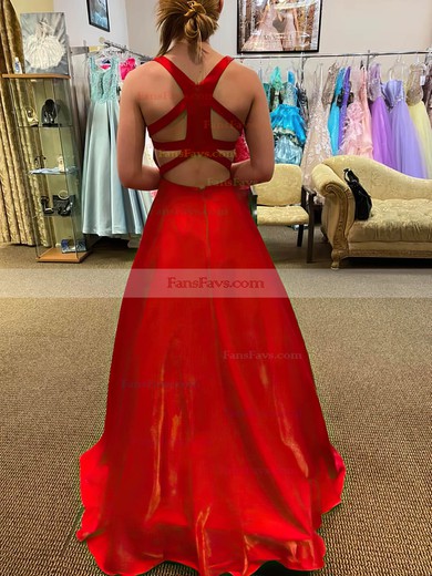 A-line V-neck Satin Asymmetrical Pockets Prom Dresses #Favs020108648