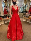 A-line V-neck Satin Asymmetrical Pockets Prom Dresses #Favs020108648