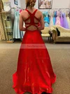 A-line V-neck Satin Asymmetrical Pockets Prom Dresses #Favs020108648