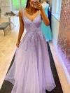 A-line V-neck Tulle Lace Sweep Train Pockets Prom Dresses #Favs020108652