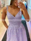 A-line V-neck Tulle Lace Sweep Train Pockets Prom Dresses #Favs020108652