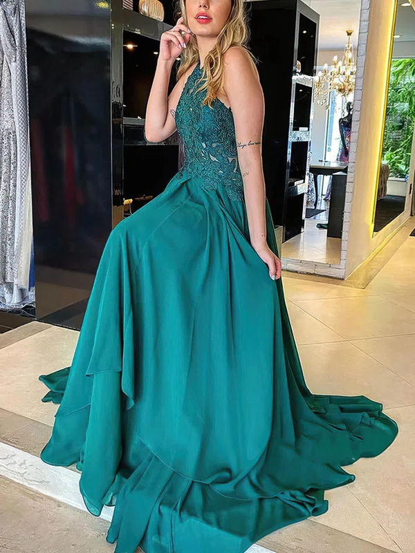 A-line Halter Chiffon Sweep Train Appliques Lace Prom Dresses #Favs020108653