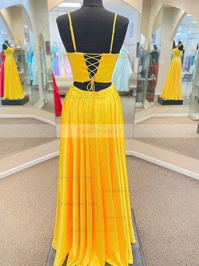 A-line Square Neckline Satin Sweep Train Prom Dresses #Favs020108654