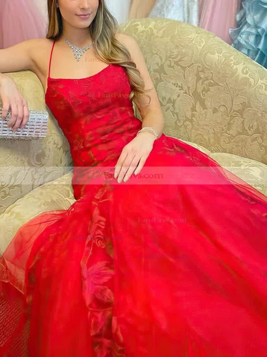 Trumpet/Mermaid Square Neckline Tulle Sweep Train Appliques Lace Prom Dresses #Favs020108656