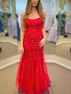 Trumpet/Mermaid Square Neckline Tulle Sweep Train Appliques Lace Prom Dresses #Favs020108656