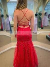 Trumpet/Mermaid Square Neckline Tulle Sweep Train Appliques Lace Prom Dresses #Favs020108656