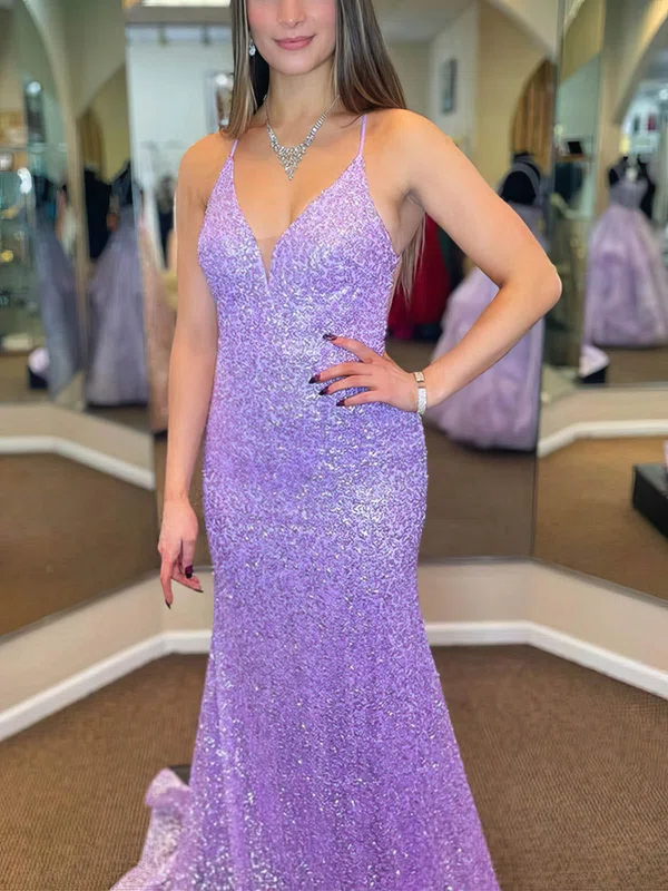 Trumpet/Mermaid V-neck Sequined Sweep Train Prom Dresses #Favs020108658