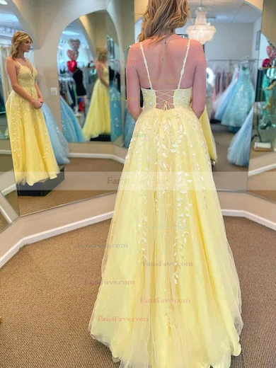 A-line V-neck Lace Tulle Sweep Train Appliques Lace Prom Dresses #Favs020108660