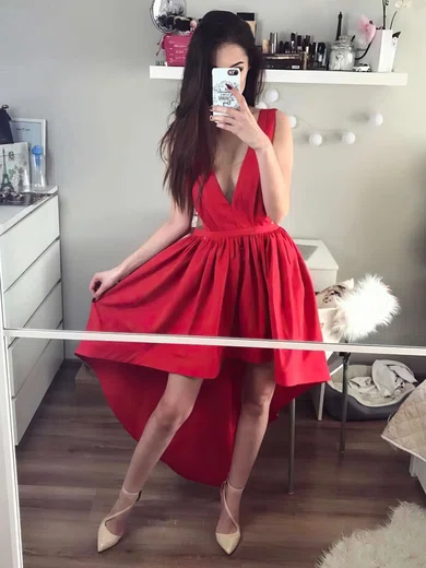 A-line V-neck Silk-like Satin Asymmetrical Prom Dresses #Favs020105390