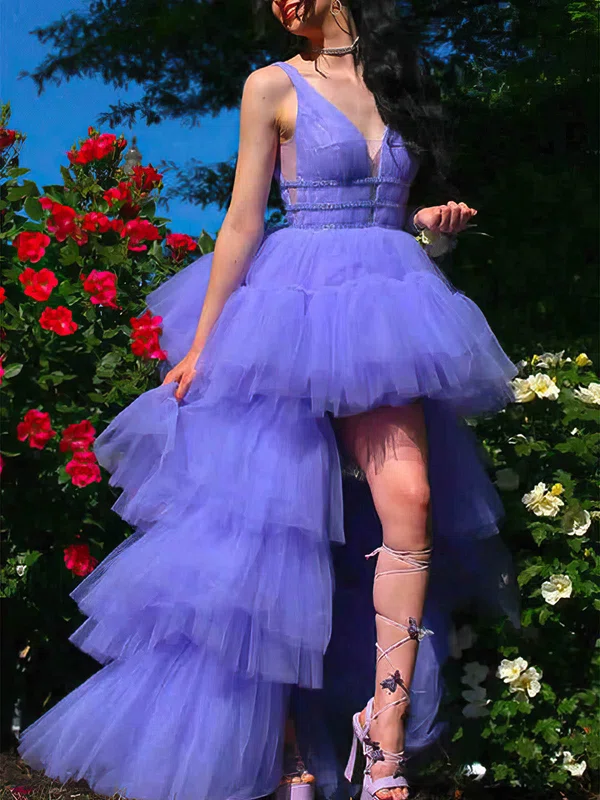 A-line V-neck Tulle Asymmetrical Tiered Prom Dresses #Favs020108663