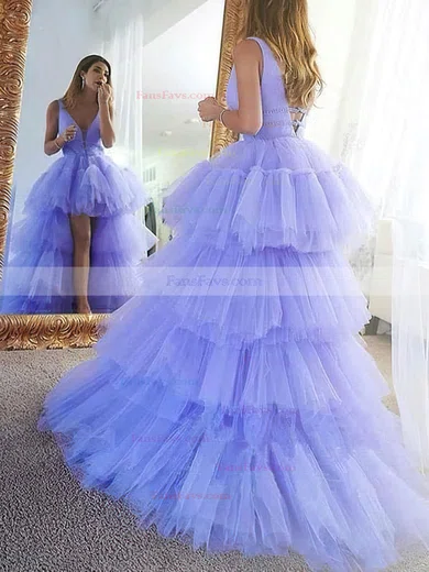A-line V-neck Tulle Asymmetrical Tiered Prom Dresses #Favs020108663