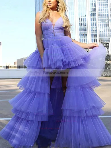 A-line V-neck Tulle Asymmetrical Tiered Prom Dresses #Favs020108663