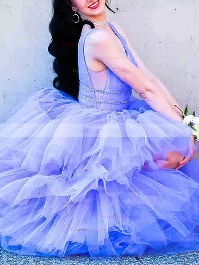 A-line V-neck Tulle Asymmetrical Tiered Prom Dresses #Favs020108663