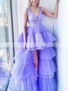 A-line V-neck Tulle Asymmetrical Tiered Prom Dresses #Favs020108663