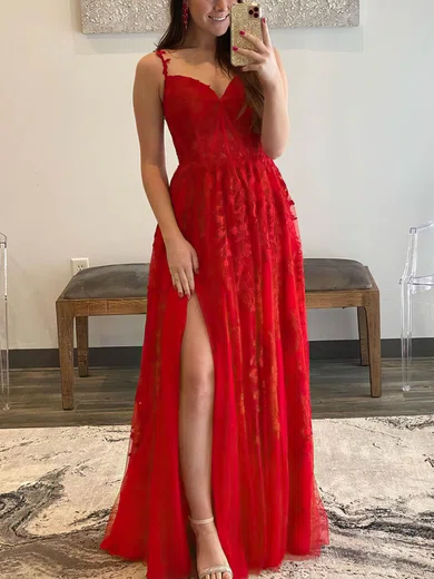 A-line V-neck Lace Tulle Sweep Train Appliques Lace Prom Dresses #Favs020108665