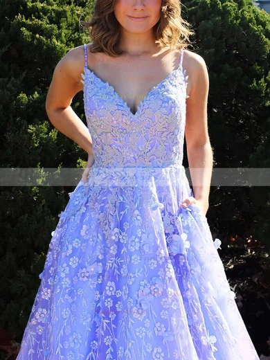 A-line V-neck Lace Sweep Train Pockets Prom Dresses #Favs020108669