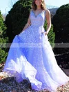 A-line V-neck Lace Sweep Train Pockets Prom Dresses #Favs020108669