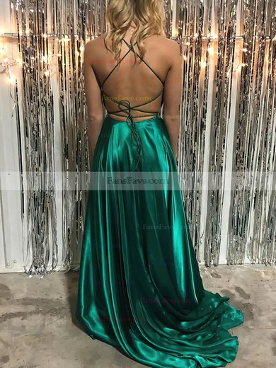 A-line V-neck Silk-like Satin Sweep Train Split Front Prom Dresses #Favs020108671