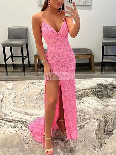 Sheath/Column V-neck Sequined Detachable Split Front Prom Dresses #Favs020108672