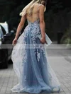 Sheath/Column V-neck Lace Tulle Sweep Train Appliques Lace Prom Dresses #Favs020108673
