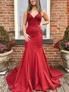 Trumpet/Mermaid V-neck Silk-like Satin Sweep Train Bow Prom Dresses #Favs020108674