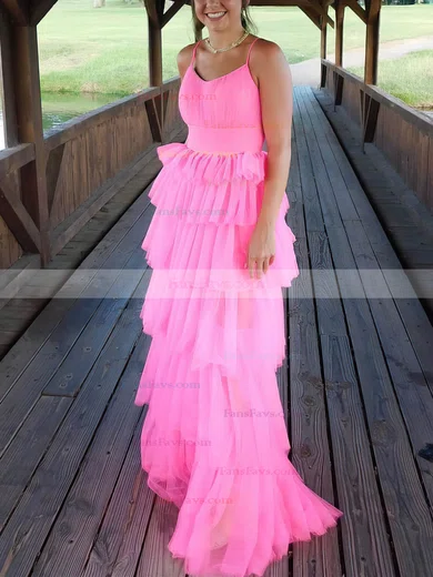 A-line V-neck Tulle Sweep Train Tiered Prom Dresses #Favs020108675