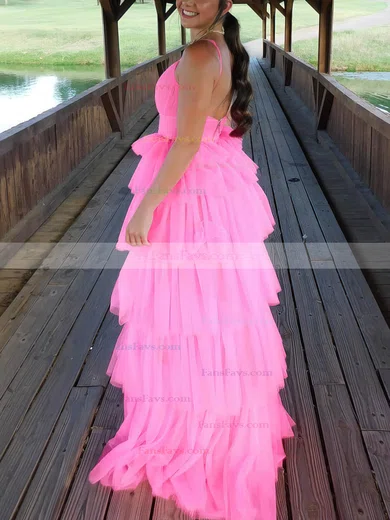 A-line V-neck Tulle Sweep Train Tiered Prom Dresses #Favs020108675