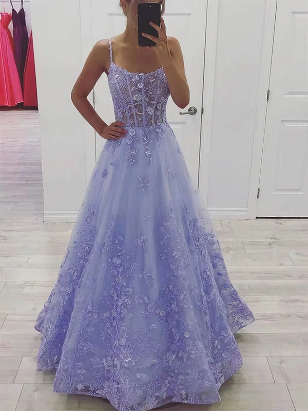 A-line Square Neckline Tulle Lace Sweep Train Appliques Lace Prom Dresses #Favs020108676