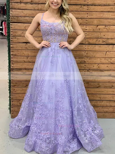 A-line Square Neckline Tulle Lace Sweep Train Appliques Lace Prom Dresses #Favs020108676