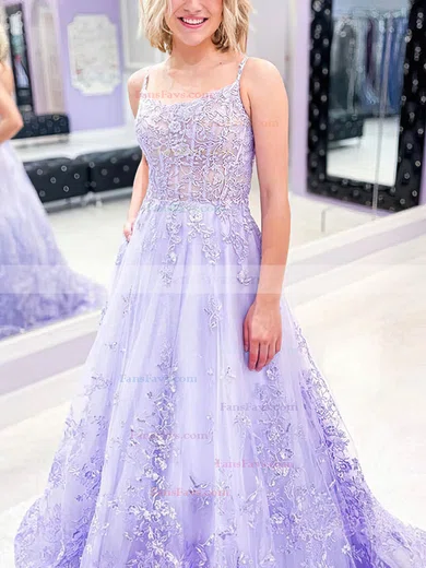 A-line Square Neckline Tulle Lace Sweep Train Appliques Lace Prom Dresses #Favs020108676