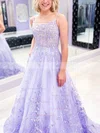 A-line Square Neckline Tulle Lace Sweep Train Appliques Lace Prom Dresses #Favs020108676