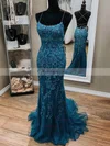 Trumpet/Mermaid Square Neckline Tulle Lace Sweep Train Appliques Lace Prom Dresses #Favs020108677