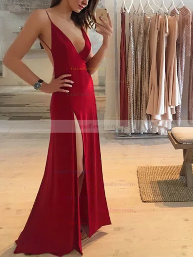 A-line V-neck Jersey Sweep Train Split Front Prom Dresses #Favs020108681