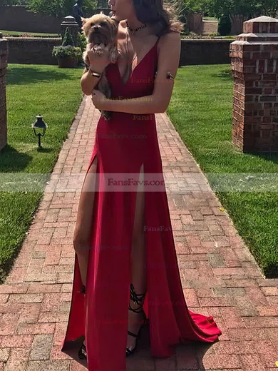 A-line V-neck Jersey Sweep Train Split Front Prom Dresses #Favs020108681