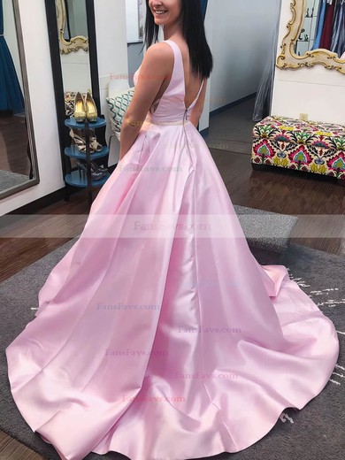 A-line V-neck Satin Sweep Train Pockets Prom Dresses #Favs020108685