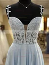 A-line V-neck Tulle Sweep Train Appliques Lace Prom Dresses #Favs020108688