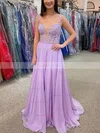 A-line V-neck Tulle Sweep Train Appliques Lace Prom Dresses #Favs020108688