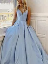 A-line V-neck Satin Sweep Train Pockets Prom Dresses #Favs020108689