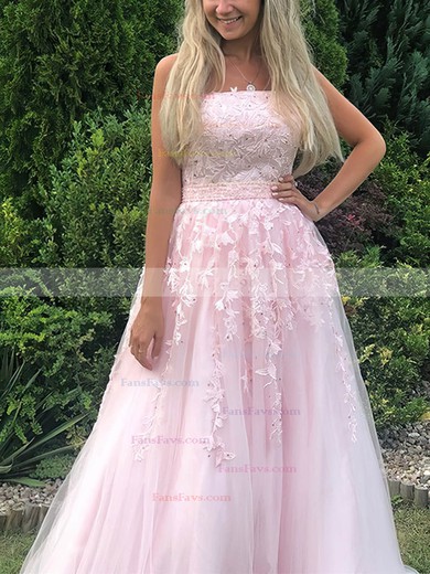 A-line Strapless Lace Tulle Sweep Train Appliques Lace Prom Dresses #Favs020108690