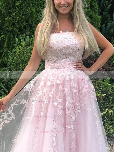 A-line Strapless Lace Tulle Sweep Train Appliques Lace Prom Dresses #Favs020108690