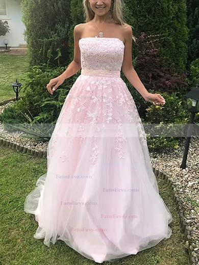 A-line Strapless Lace Tulle Sweep Train Appliques Lace Prom Dresses #Favs020108690