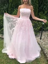 A-line Strapless Lace Tulle Sweep Train Appliques Lace Prom Dresses #Favs020108690