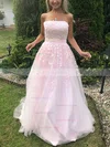 A-line Strapless Lace Tulle Sweep Train Appliques Lace Prom Dresses #Favs020108690