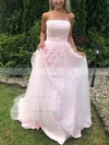 A-line Strapless Lace Tulle Sweep Train Appliques Lace Prom Dresses #Favs020108690