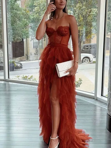 A-line Sweetheart Tulle Sweep Train Tiered Prom Dresses #Favs020108691